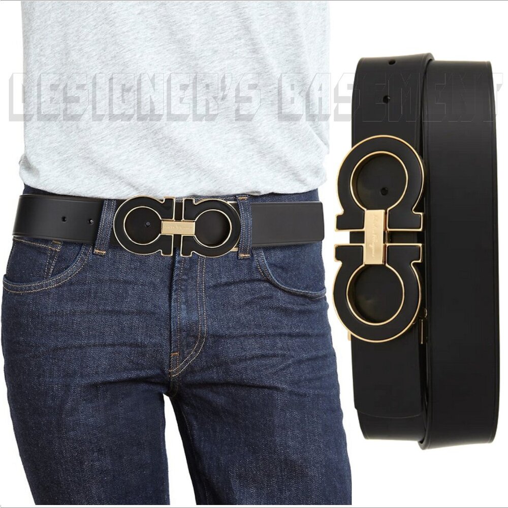 SALVATORE FERRAGAMO adustable 36 leather Black & Gold GANCINI Logo buckle belt